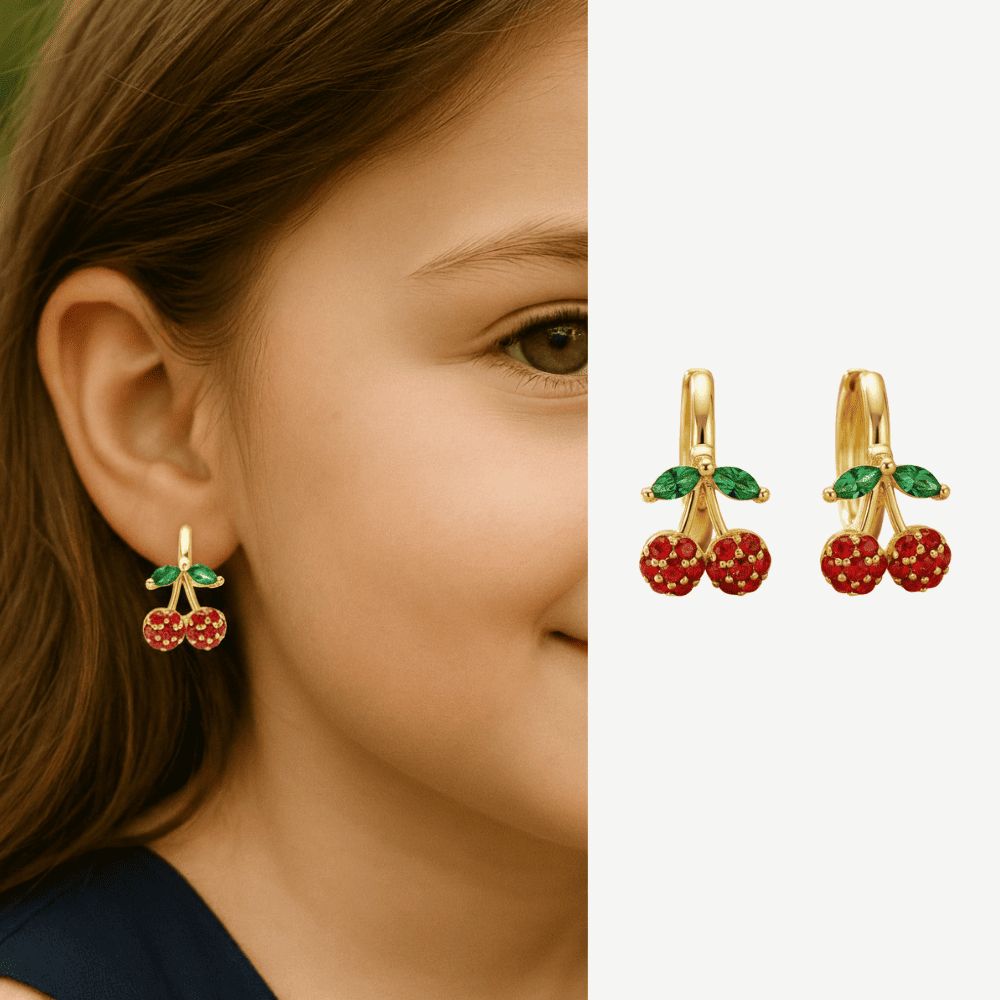 Çocuk Xuping Çelik Küpe - Kiraz Detaylı - Kırmızı Zirkon Taşlı - Altın Renk - 1