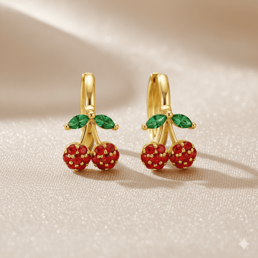 Çocuk Xuping Çelik Küpe - Kiraz Detaylı - Kırmızı Zirkon Taşlı - Altın Renk - 3