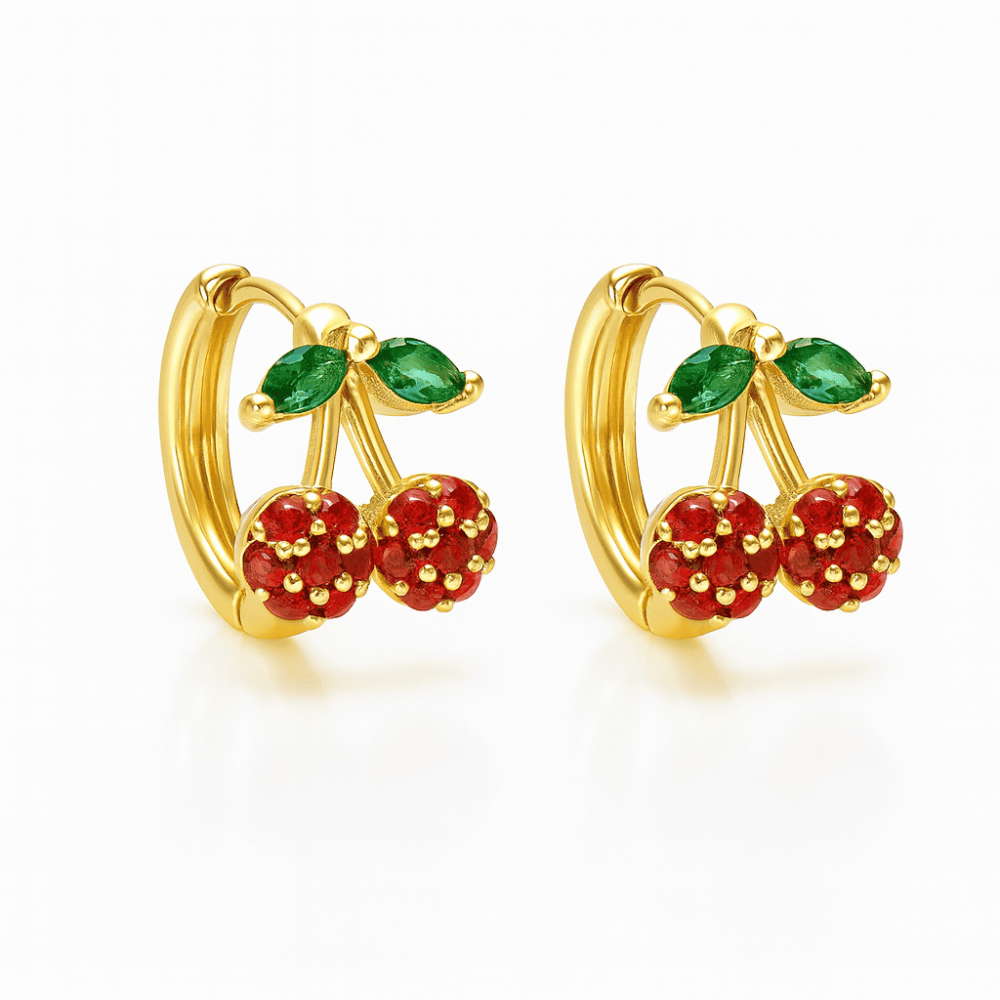 Çocuk Xuping Çelik Küpe - Kiraz Detaylı - Kırmızı Zirkon Taşlı - Altın Renk - 4