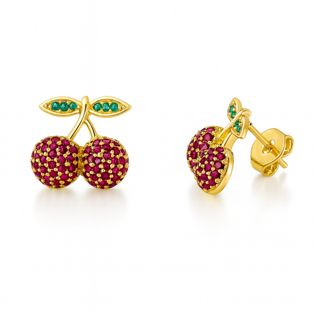 Çocuk Xuping Çelik Küpe - Kiraz Model - Fuşya Zirkon Taşlı - Altın Renk - 1