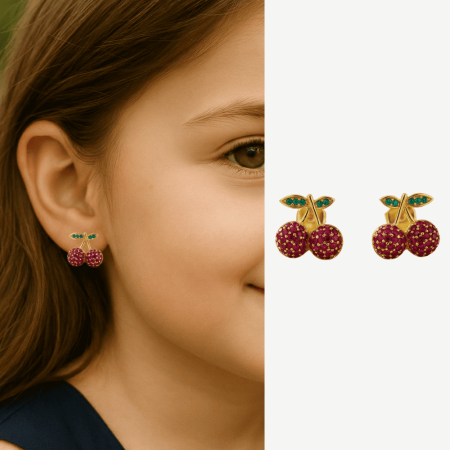 Çocuk Xuping Çelik Küpe - Kiraz Model - Fuşya Zirkon Taşlı - Altın Renk - Tesbihane