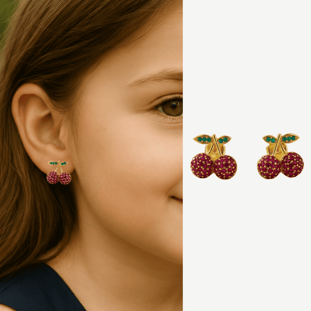 Çocuk Xuping Çelik Küpe - Kiraz Model - Fuşya Zirkon Taşlı - Altın Renk - 1