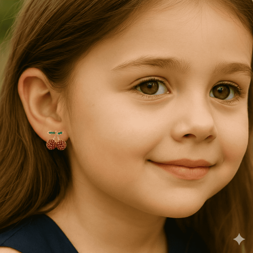 Çocuk Xuping Çelik Küpe - Kiraz Model - Fuşya Zirkon Taşlı - Altın Renk - 2