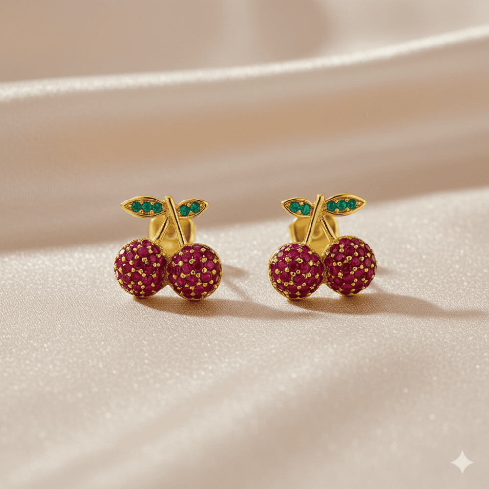 Çocuk Xuping Çelik Küpe - Kiraz Model - Fuşya Zirkon Taşlı - Altın Renk - 3