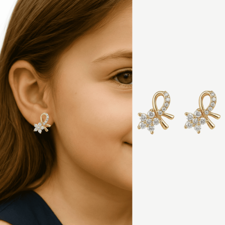 Çocuk Xuping Çelik Küpe - Kurdele Tasarım - Yıldız Detaylı - Beyaz Zirkon Taşlı - Altın Renk - Tesbihane