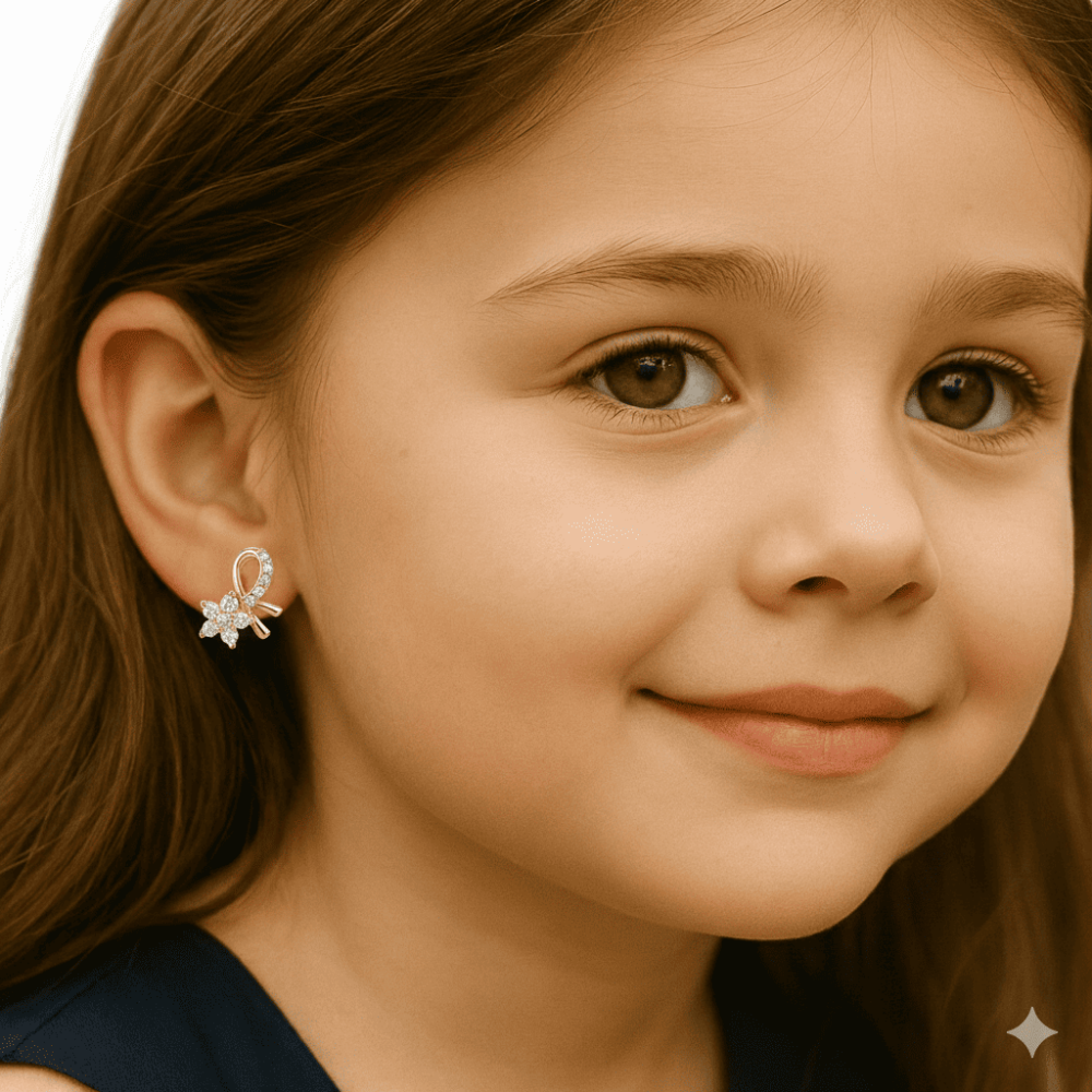 Çocuk Xuping Çelik Küpe - Kurdele Tasarım - Yıldız Detaylı - Beyaz Zirkon Taşlı - Altın Renk - 2