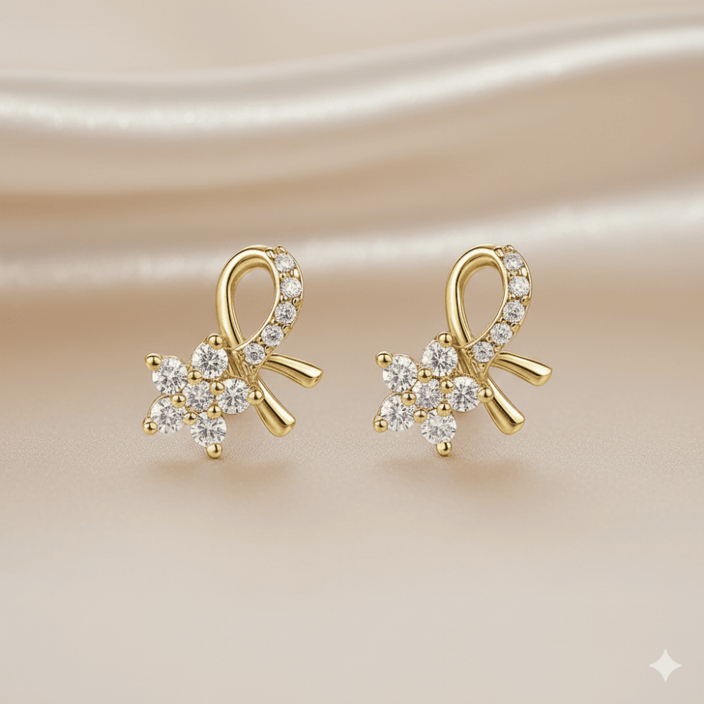 Çocuk Xuping Çelik Küpe - Kurdele Tasarım - Yıldız Detaylı - Beyaz Zirkon Taşlı - Altın Renk - 3