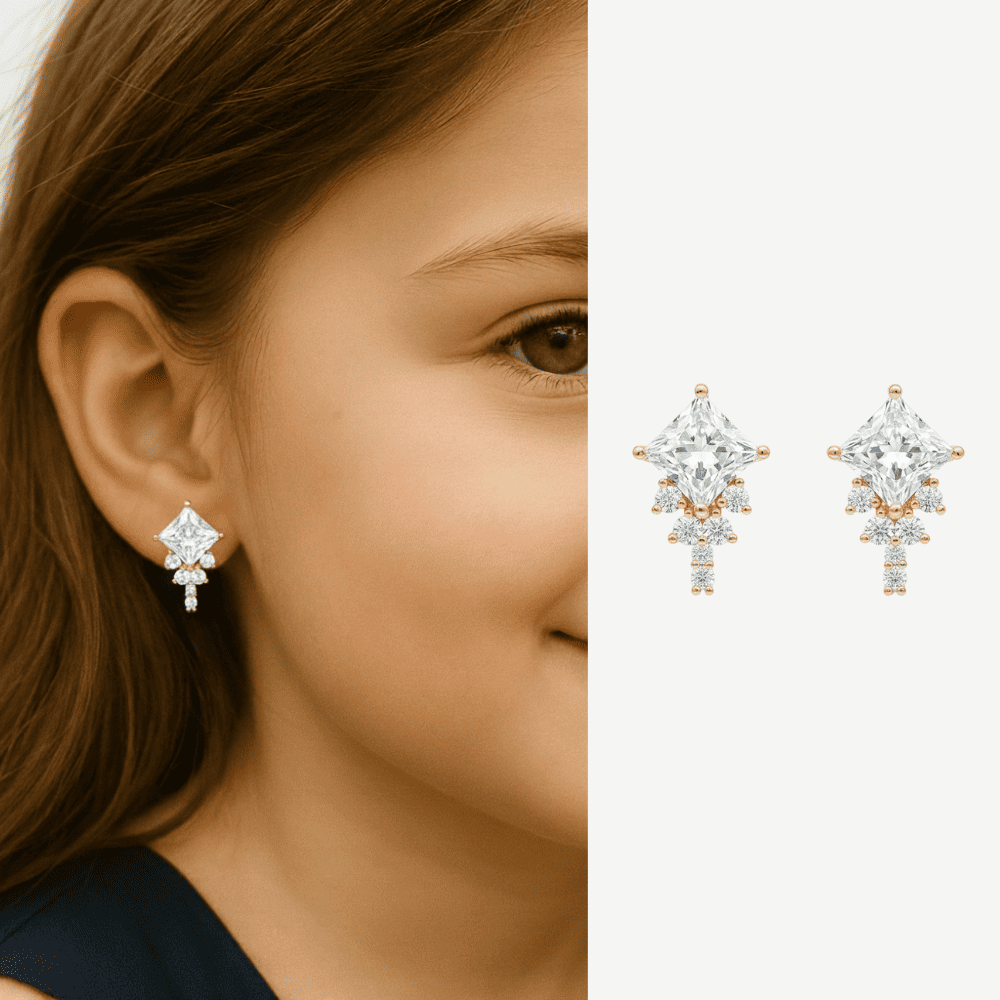 Çocuk Xuping Çelik Küpe - Uçurtma Tasarım - Kare Tektaş Detaylı - Beyaz Zirkon Taşlı - Altın Renk - 1