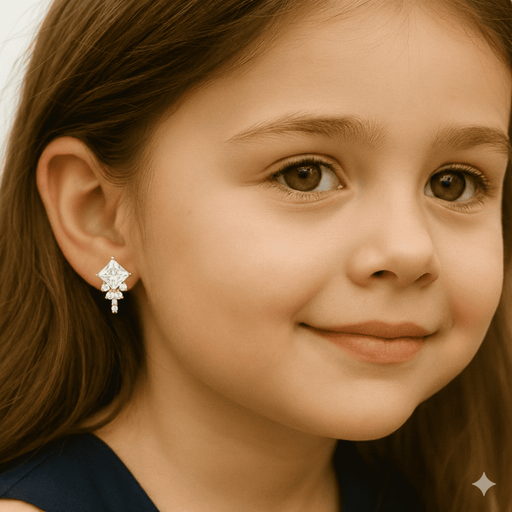 Çocuk Xuping Çelik Küpe - Uçurtma Tasarım - Kare Tektaş Detaylı - Beyaz Zirkon Taşlı - Altın Renk - 2