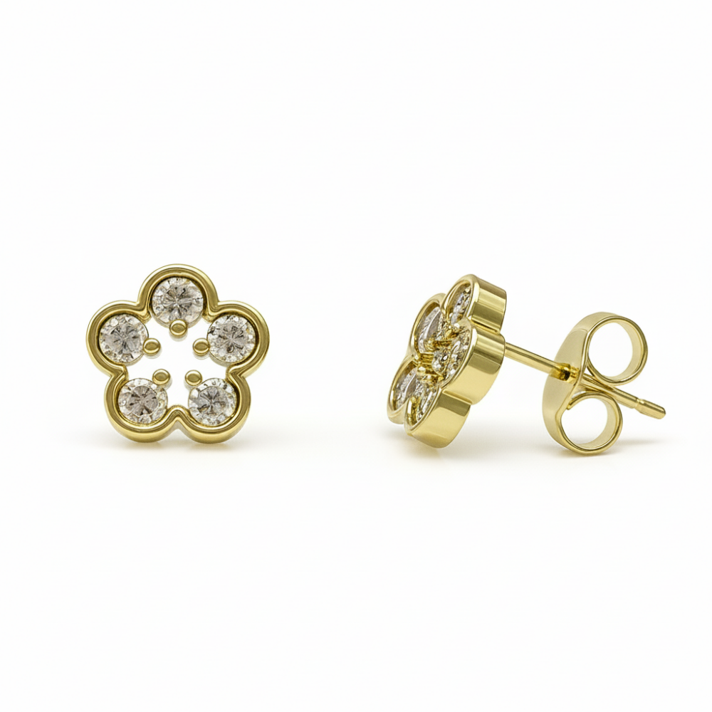 Çocuk Xuping Çelik Küpe - Yonca Yaprağı Tasarım - Beyaz Zirkon Taşlı - Altın Renk - 1