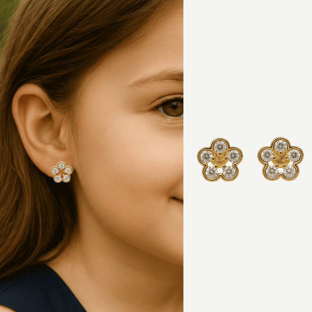 Çocuk Xuping Çelik Küpe - Yonca Yaprağı Tasarım - Beyaz Zirkon Taşlı - Altın Renk - 1