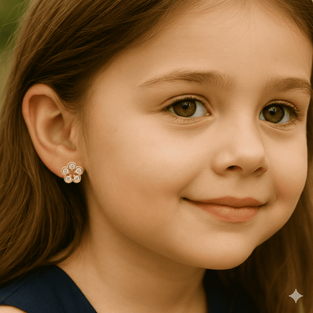 Çocuk Xuping Çelik Küpe - Yonca Yaprağı Tasarım - Beyaz Zirkon Taşlı - Altın Renk - 2