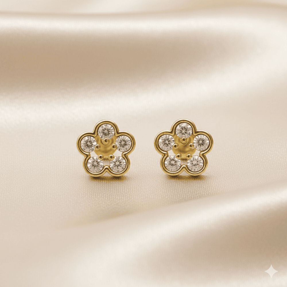 Çocuk Xuping Çelik Küpe - Yonca Yaprağı Tasarım - Beyaz Zirkon Taşlı - Altın Renk - 3