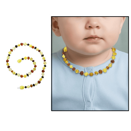 Exclusive Renk Hareli Doğal Damla Kehribar Taşlı Bebek Diş Kolyesi - Tesbihane