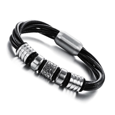 Çok Katmanlı Deri ve Çelik Bileşim Retro Tasarım Magnetic Tokalı Avangart Erkek Bileklik - Tesbihane