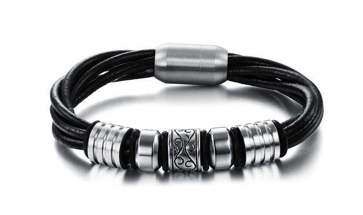 Çok Katmanlı Deri ve Çelik Bileşim Retro Tasarım Magnetic Tokalı Avangart Erkek Bileklik - 3