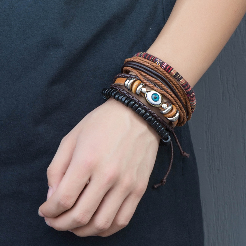Çok Katmanlı Deri ve Metal Bileşim Etnik Tasarım Göz Detaylı Retro Kadın Bileklik - 1