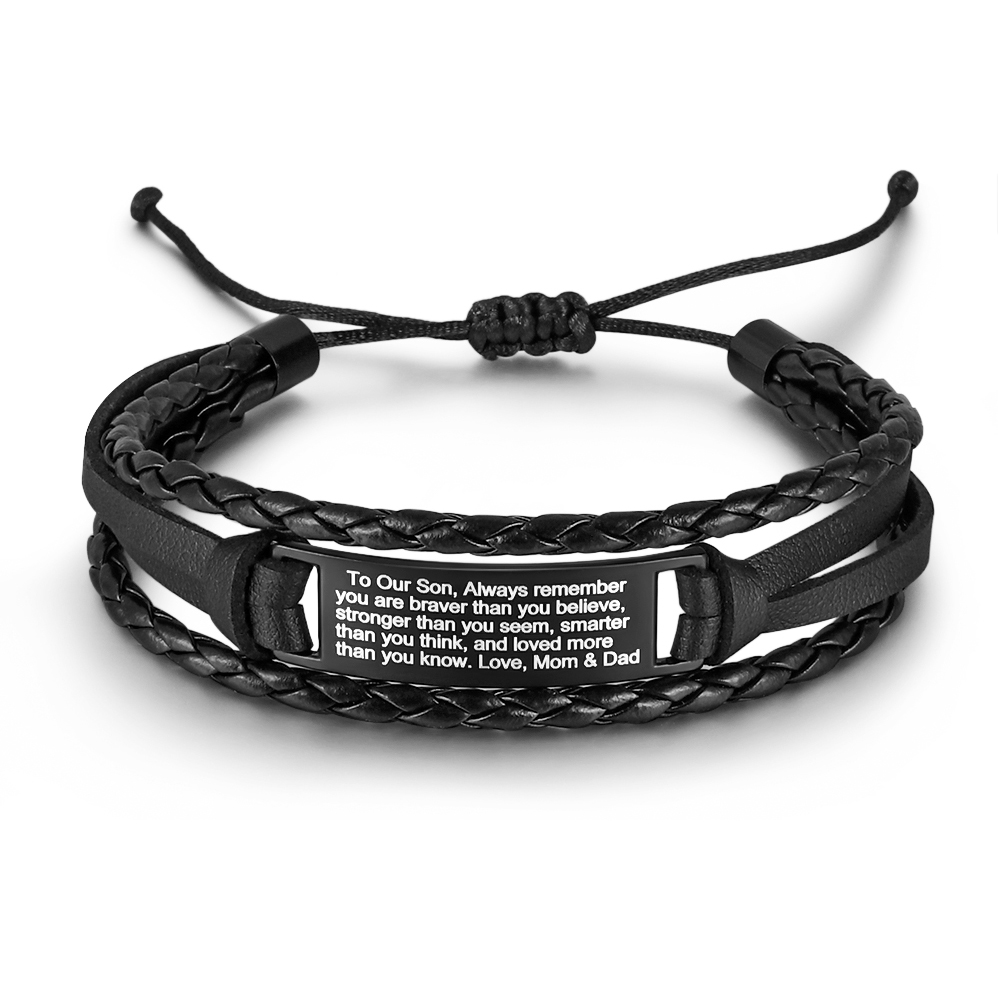 Çok Katmanlı Gerçek Deri Tasarım Çelik Plaka Üzeri Erkek Çocuğa Nasihat Yazılı Erkek Bileklik - 1