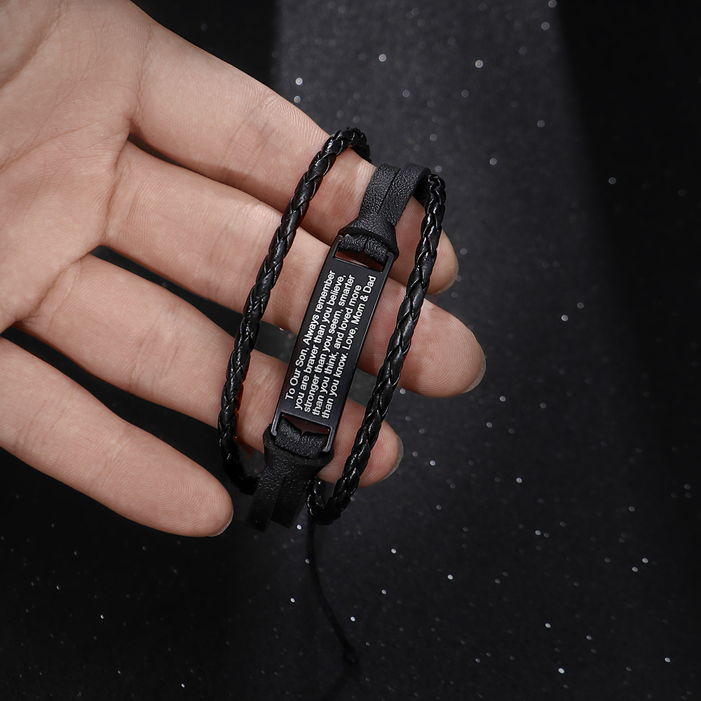 Çok Katmanlı Gerçek Deri Tasarım Çelik Plaka Üzeri Erkek Çocuğa Nasihat Yazılı Erkek Bileklik - 2