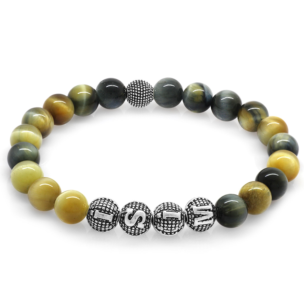 Kaplan Gözü Doğaltaş Bileklik - İsme Özel Yazılı - Çok Renkli - Metal Kombinli - Küre Kesim - 3