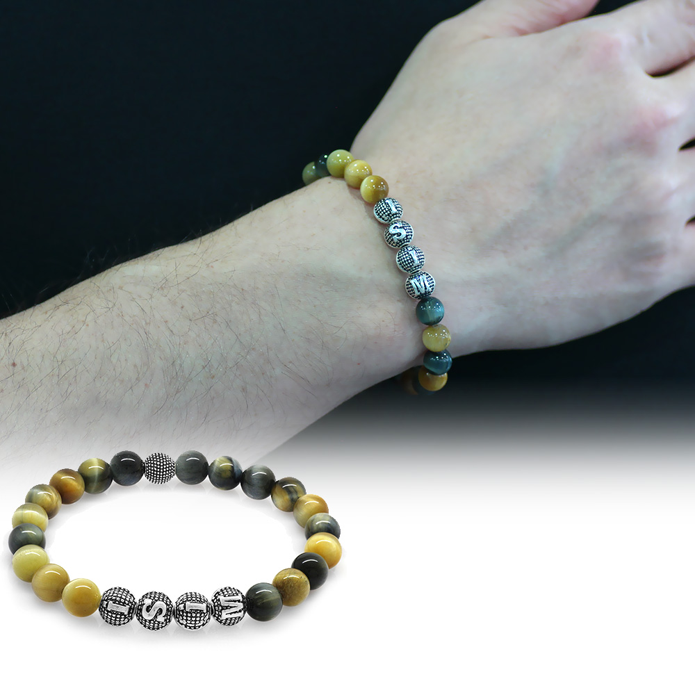 Kaplan Gözü Doğaltaş Bileklik - İsme Özel Yazılı - Çok Renkli - Metal Kombinli - Küre Kesim - 1