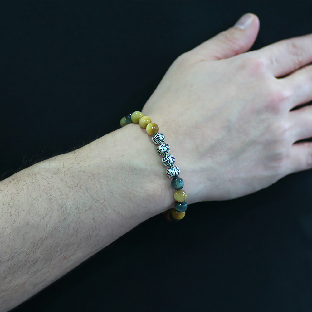 Kaplan Gözü Doğaltaş Bileklik - İsme Özel Yazılı - Çok Renkli - Metal Kombinli - Küre Kesim - 2