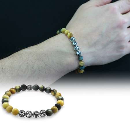 Kaplan Gözü Doğaltaş Bileklik - İsme Özel Yazılı - Çok Renkli - Metal Kombinli - Küre Kesim - Tesbihane