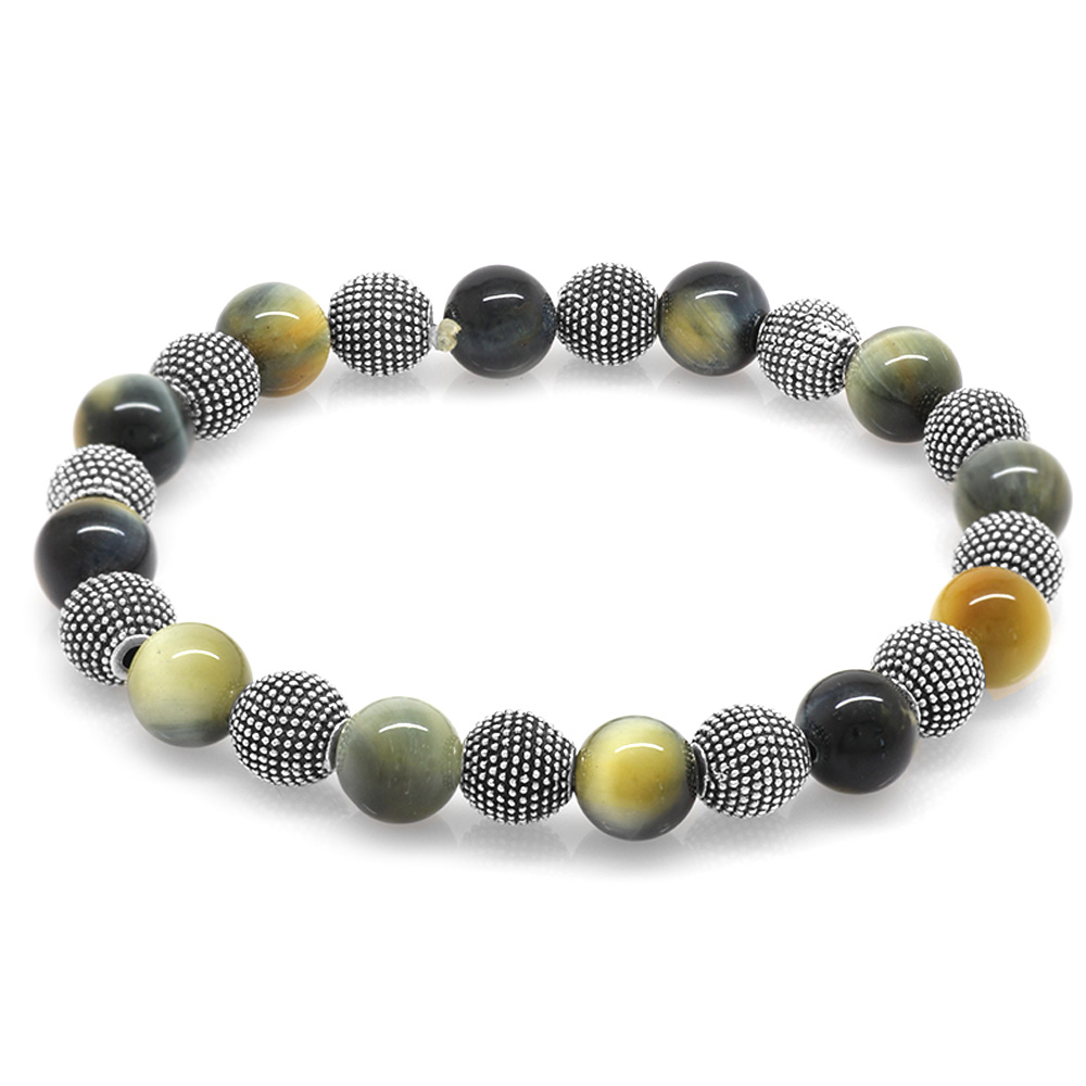 Kaplan Gözü Doğaltaş Bileklik - Renkli - Metal Kombinli - Küre Kesim - 3