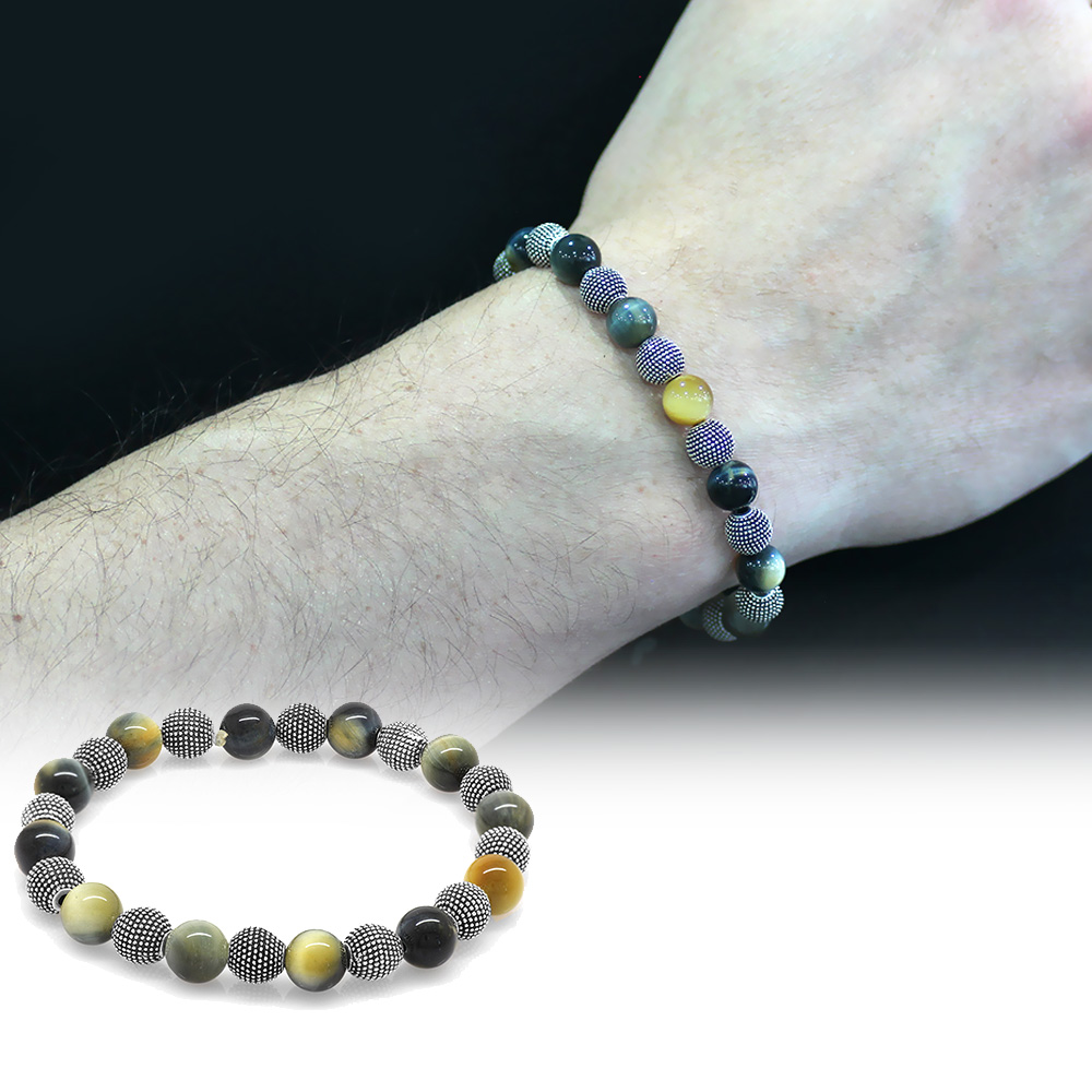 Kaplan Gözü Doğaltaş Bileklik - Renkli - Metal Kombinli - Küre Kesim - 1