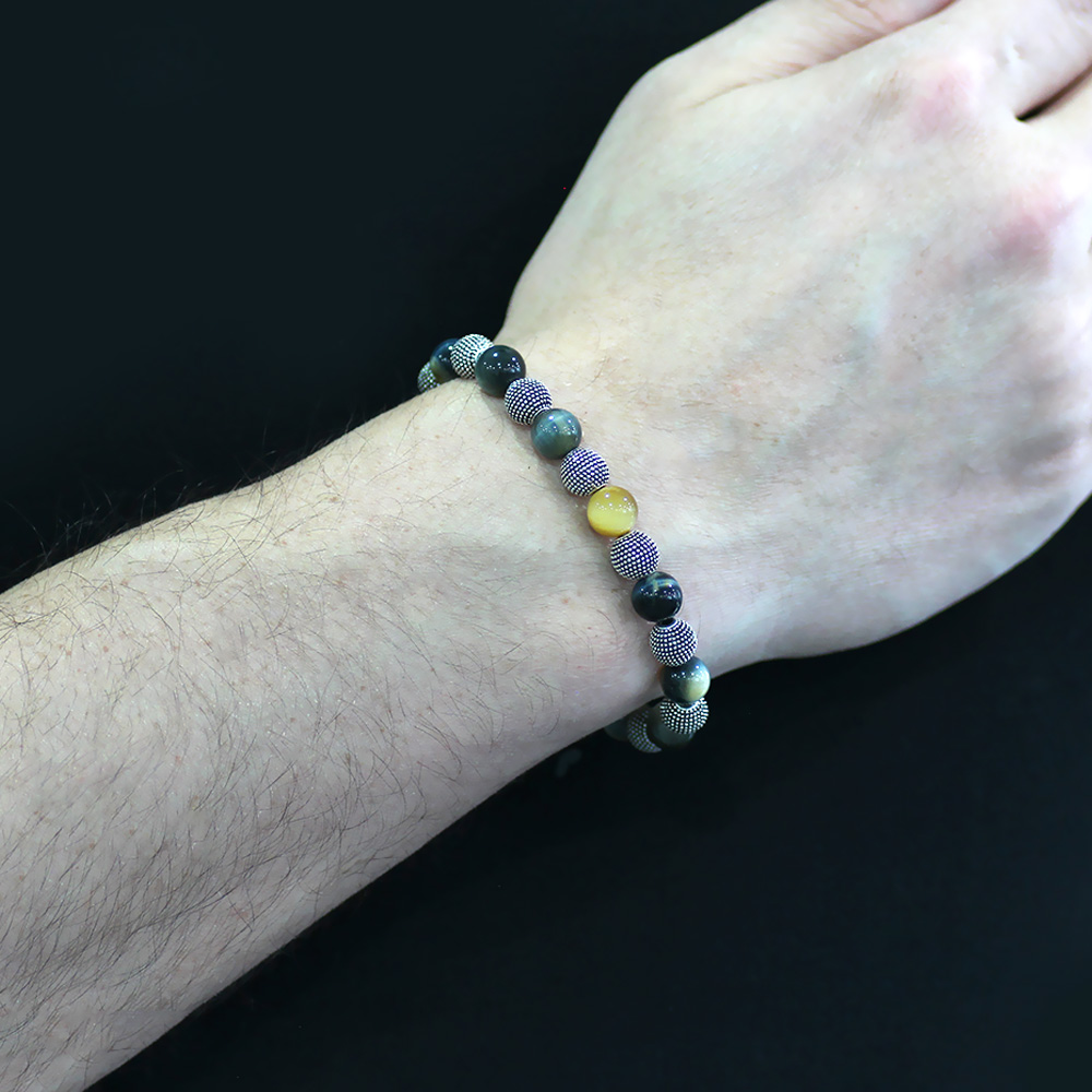 Kaplan Gözü Doğaltaş Bileklik - Renkli - Metal Kombinli - Küre Kesim - 2