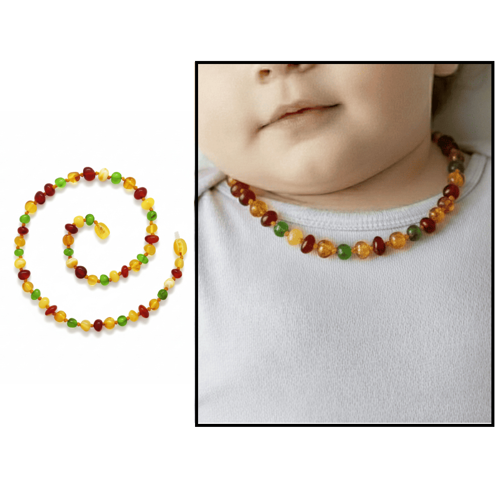 Çok Renkli Natural Form Özel Seri Doğal Damla Kehribar Taşlı Bebek Diş Kolyesi - 1