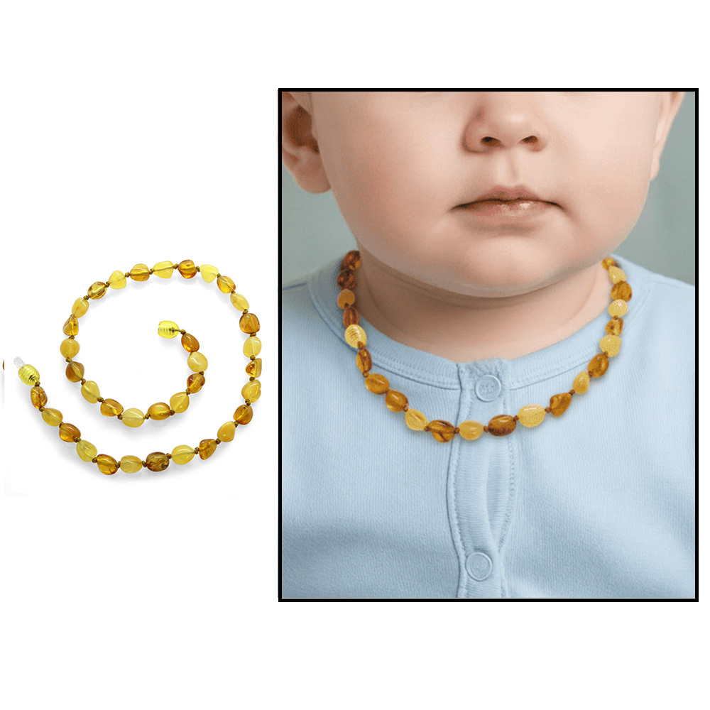 Bala Sarı Renk Doğal Damla Kehribar Taşlı Bebek Diş Kolyesi - 1