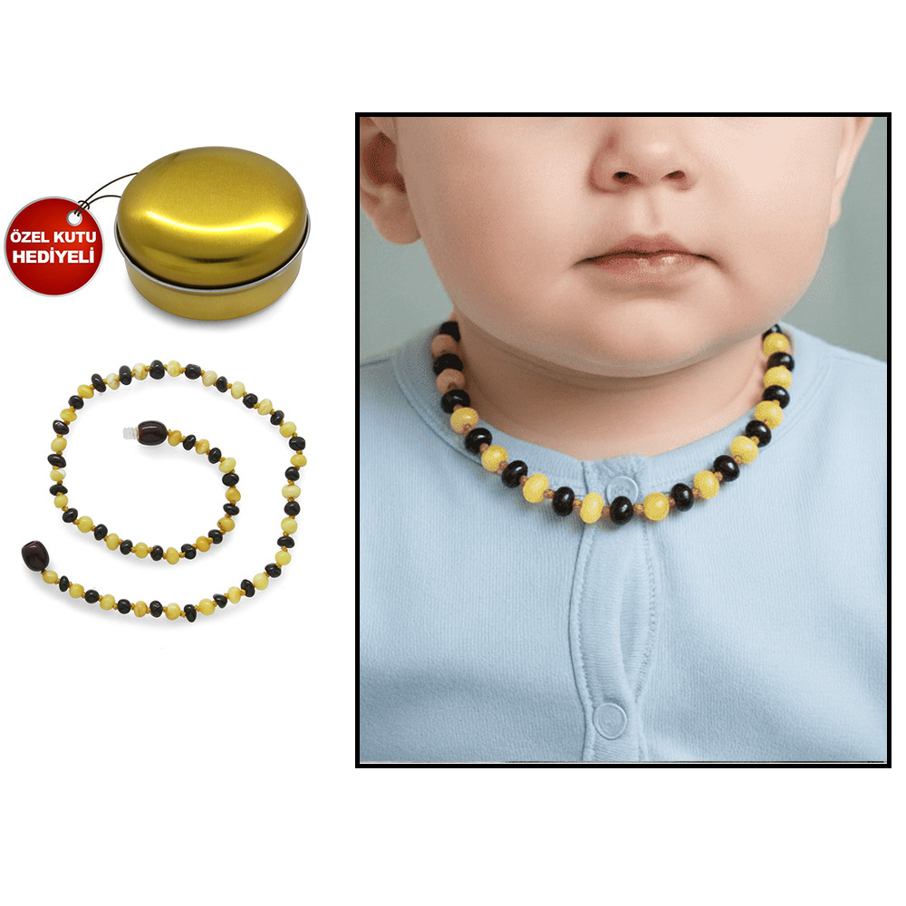 Çok Renkli Şık Kutulu Özel Seri Naturel Damla Kehribar Taşlı Bebek Diş Kolyesi - 1