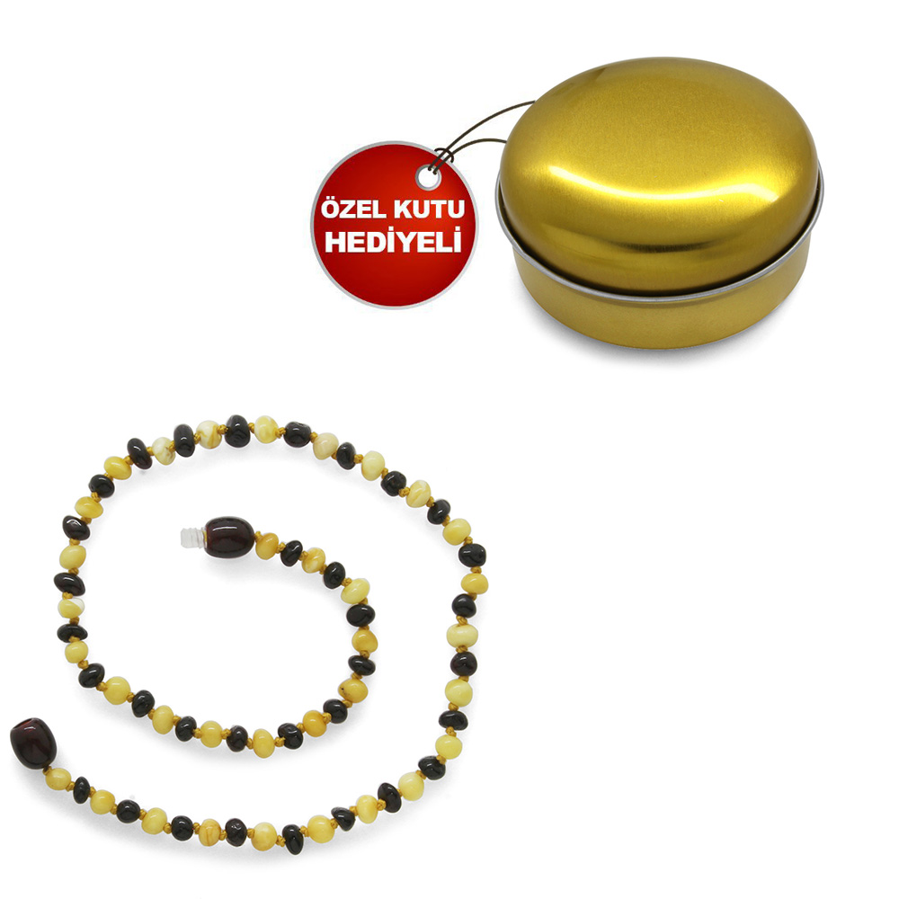 Çok Renkli Şık Kutulu Özel Seri Naturel Damla Kehribar Taşlı Bebek Diş Kolyesi - 3