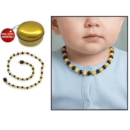Çok Renkli Şık Kutulu Özel Seri Naturel Damla Kehribar Taşlı Bebek Diş Kolyesi - Tesbihane