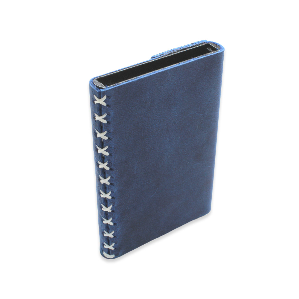 Tamamı El Dikişi Mavi Hakiki Deriden Mekanizmalı İsme Özel Yazılı Kartlık Cüzdan M1 - 4