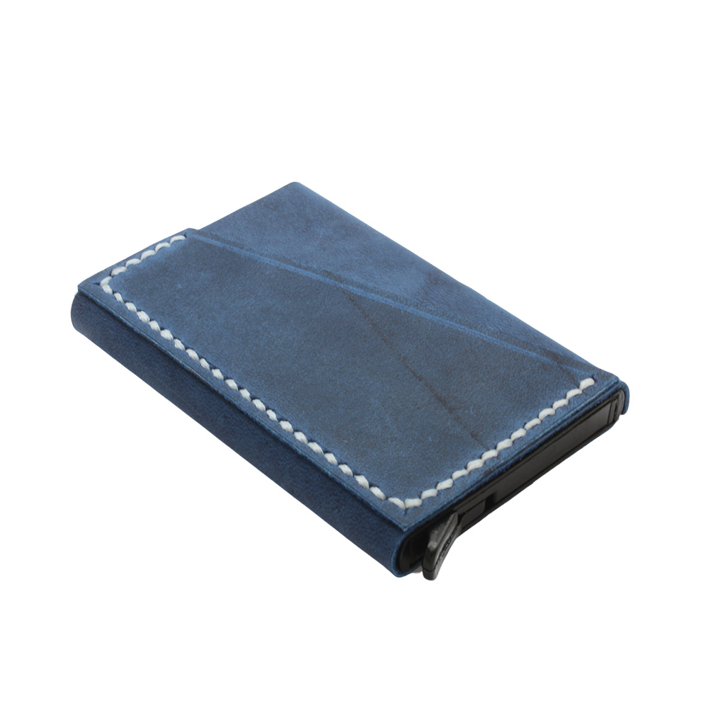 Tamamı El Dikişi Mavi Hakiki Deriden Mekanizmalı İsme Özel Yazılı Kartlık Cüzdan M1 - 5