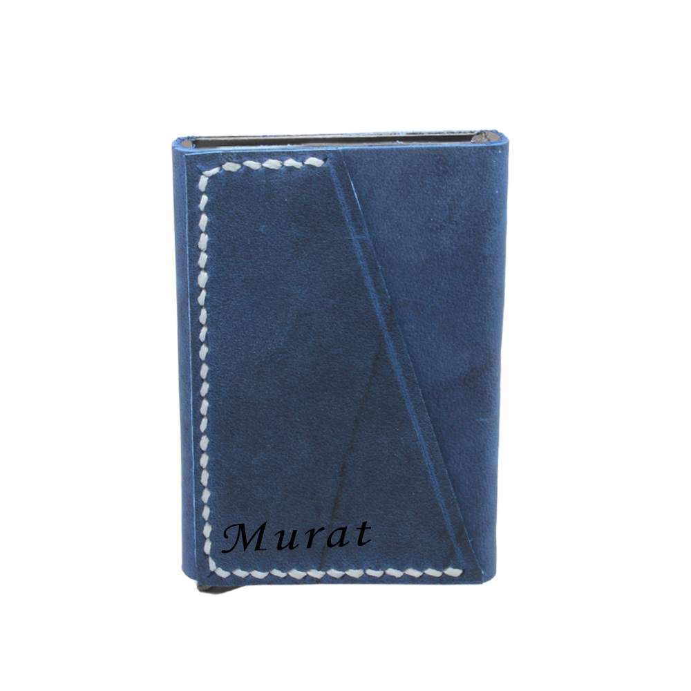 Tamamı El Dikişi Mavi Hakiki Deriden Mekanizmalı İsme Özel Yazılı Kartlık Cüzdan M1 - 2