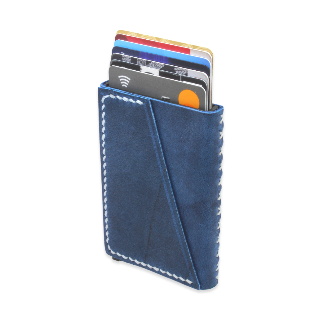 Tamamı El Dikişi Mavi Hakiki Deriden Mekanizmalı İsme Özel Yazılı Kartlık Cüzdan M1 - 1