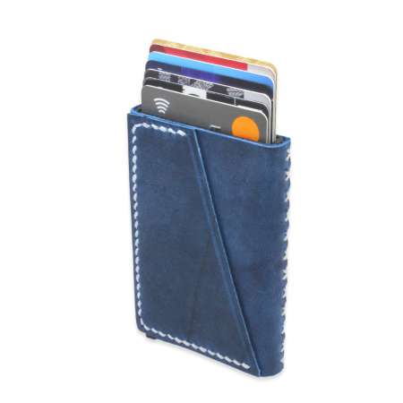 Tamamı El Dikişi Mavi Hakiki Deriden Mekanizmalı İsme Özel Yazılı Kartlık Cüzdan M1 - Tesbihane