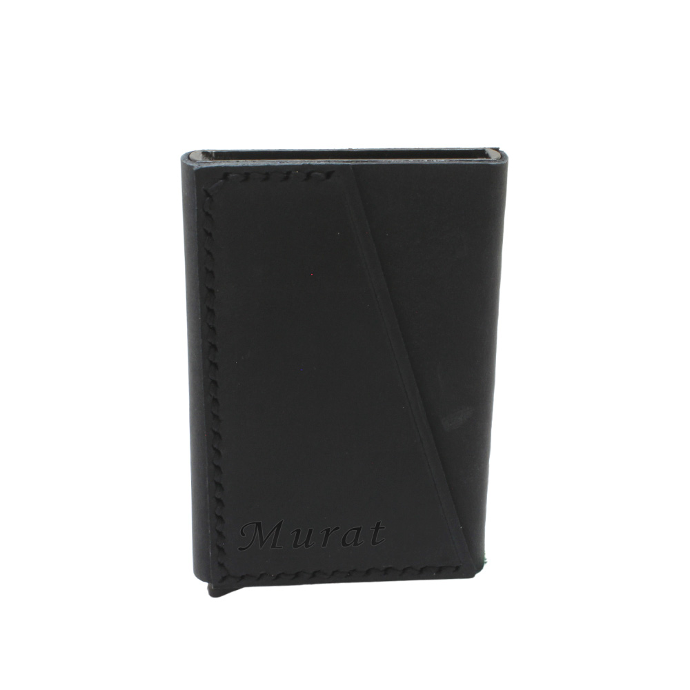 Tamamı El Dikişi Siyah Hakiki Deriden Mekanizmalı İsme Özel Yazılı Kartlık Cüzdan M1 - 2