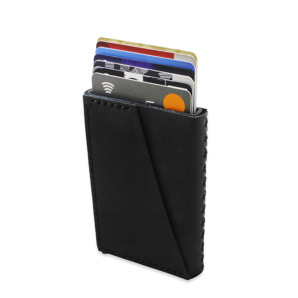 Tamamı El Dikişi Siyah Hakiki Deriden Mekanizmalı İsme Özel Yazılı Kartlık Cüzdan M1 - 1