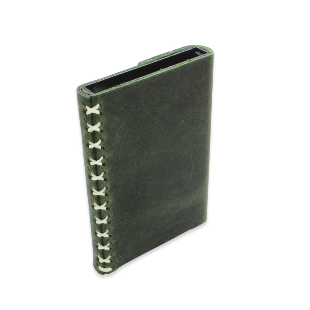 Tamamı El Dikişi Yeşil Hakiki Deriden Mekanizmalı İsme Özel Yazılı Kartlık Cüzdan M1 - 4