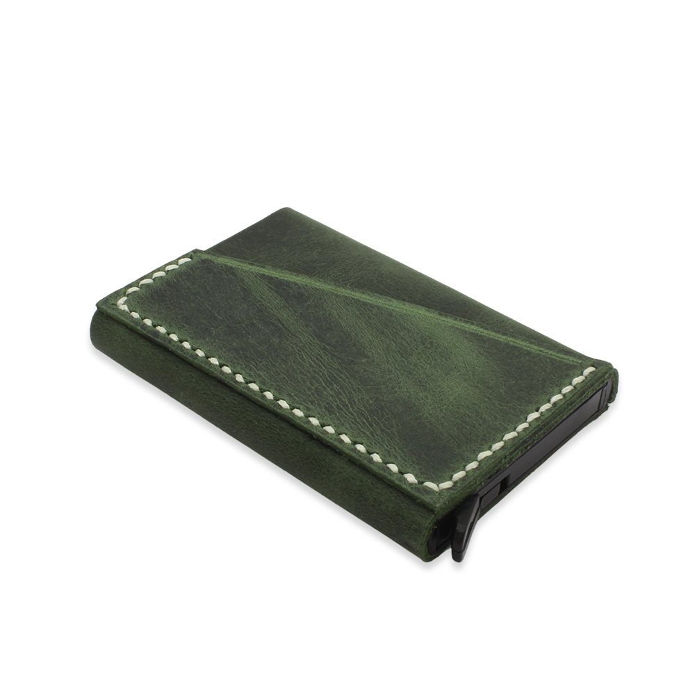 Tamamı El Dikişi Yeşil Hakiki Deriden Mekanizmalı İsme Özel Yazılı Kartlık Cüzdan M1 - 5