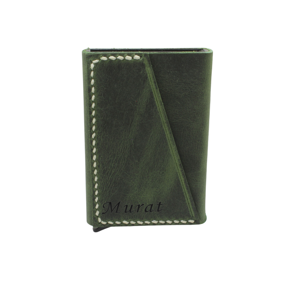 Tamamı El Dikişi Yeşil Hakiki Deriden Mekanizmalı İsme Özel Yazılı Kartlık Cüzdan M1 - 2