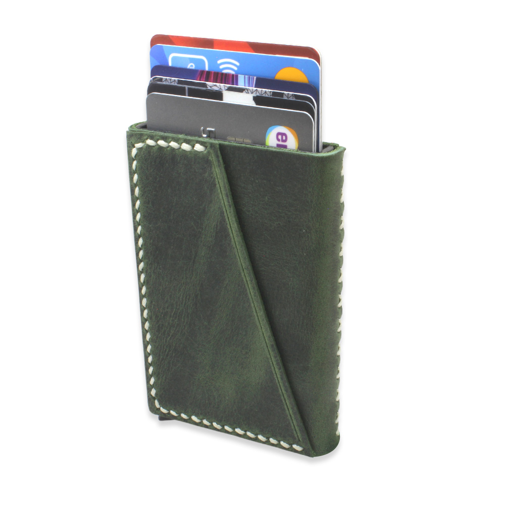 Tamamı El Dikişi Yeşil Hakiki Deriden Mekanizmalı İsme Özel Yazılı Kartlık Cüzdan M1 - 1