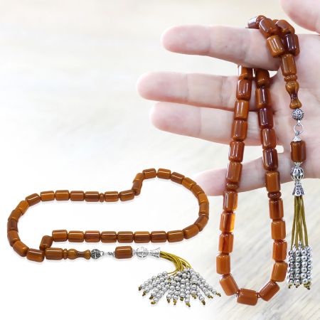 Çubuk Sıkma Kehribar Tesbih - Osmanlı Saray Püsküllü - Bal Rengi - Kapsül Kesim - Tesbihane