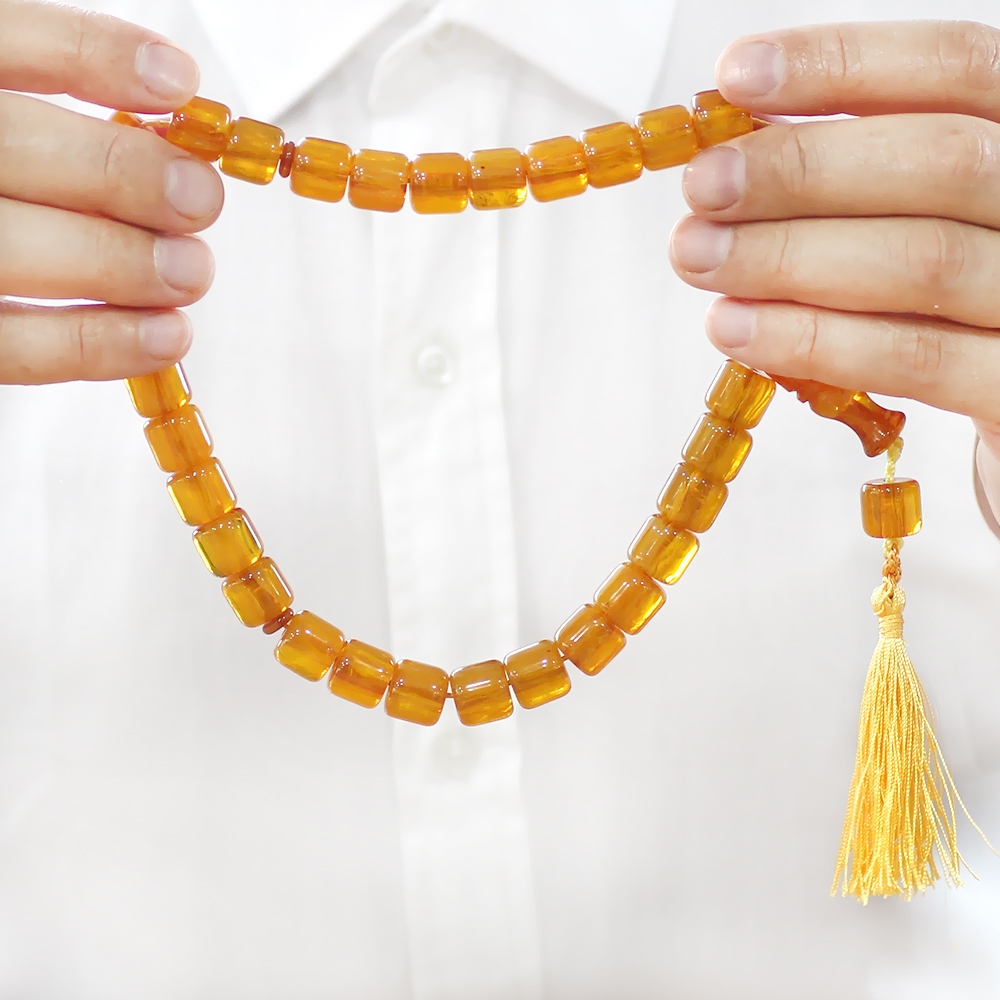 Çubuk Sıkma Kehribar Tesbih - Osmanlı Saray Püsküllü - Bal Rengi - Tekerlek Kesim - 4