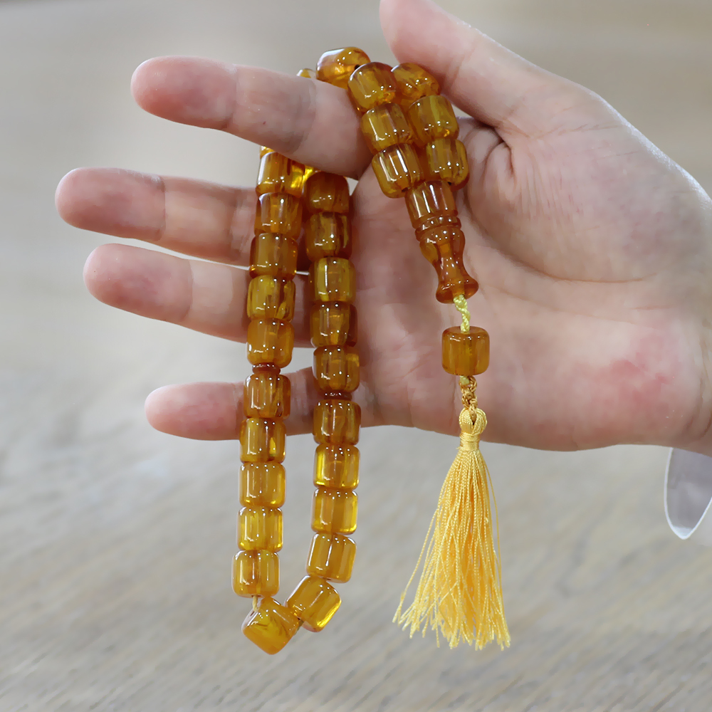 Çubuk Sıkma Kehribar Tesbih - Osmanlı Saray Püsküllü - Bal Rengi - Tekerlek Kesim - 3