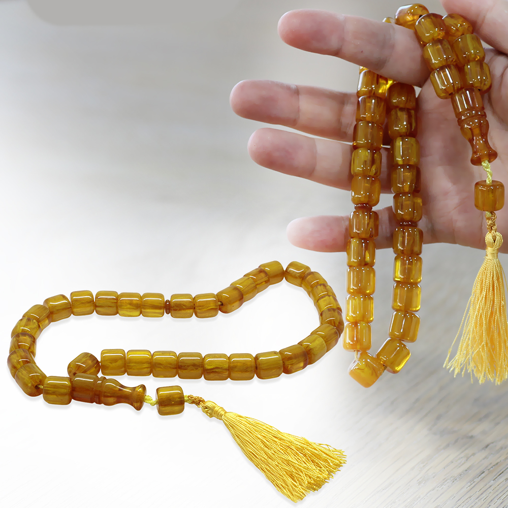 Çubuk Sıkma Kehribar Tesbih - Osmanlı Saray Püsküllü - Bal Rengi - Tekerlek Kesim - 1